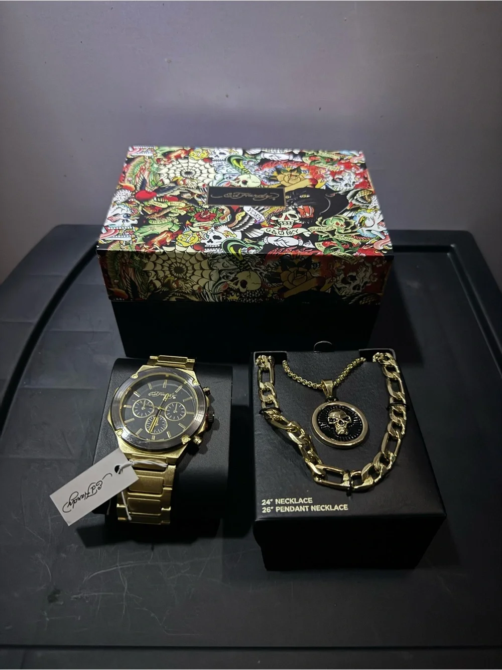Ed Hardy Gold-tone Watch and Necklace Set with Black Dial